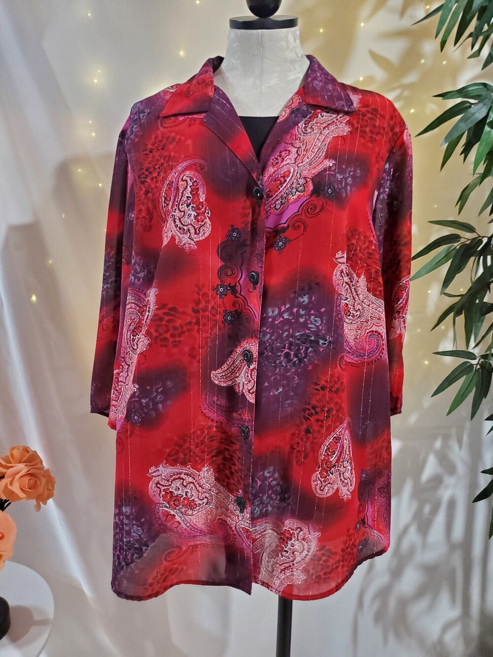 Maggie Barnes Vtg Sheer Paisley Sparkle Stripe Blouse Womens Plus Size 20W Red